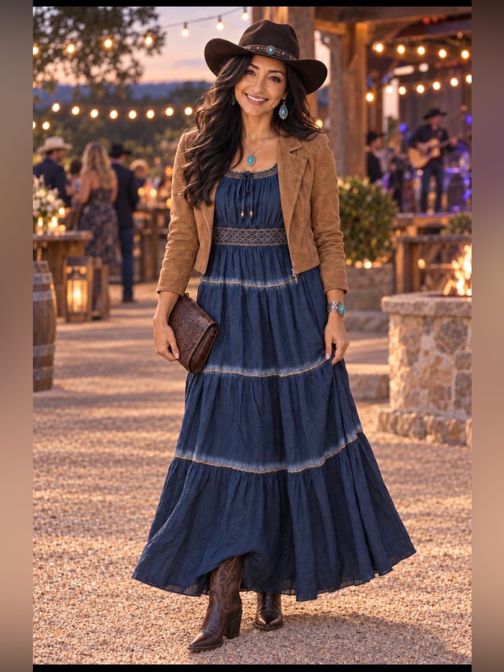 Boho Tiered Navy Maxi Denim Dress with Smocked Waist Size.Large 10/12